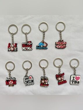 Lot of 9 Baseball-Themed Rubber Charm Keychains, Metal Rings, Detachable